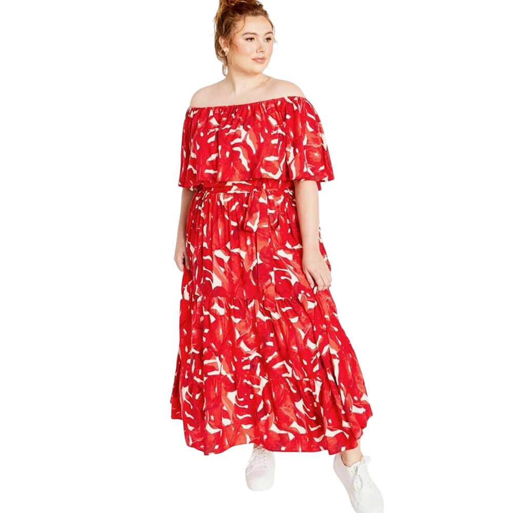 City Chic Women's Off The Shoulder Midi Maxi Dress Boardwalk Print Red White 18